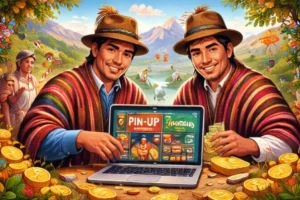 Ilustración creativa que muestra apuestas online de PinUp en Ecuador con vestimenta tradicional indígena, colores vivos y entorno digital de entretenimiento