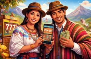 Ilustración digital inspirada en la cultura indígena del Ecuador que representa PinUp Casino con colores tradicionales, patrones andinos y ambiente de casino online