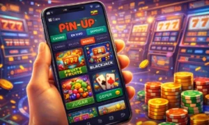 Ilustración que muestra la aplicación móvil de PinUp Casino en Ecuador en un smartphone, con juegos de casino online, interfaz optimizada y ambiente digital moderno