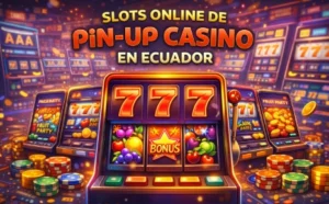 Ilustración que muestra tragamonedas online de PinUp Casino en Ecuador, con máquinas de slots digitales, efectos visuales modernos y ambiente de casino online atractivo